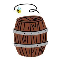 wooden barrel with a bee. A barrel filled with honey, over which a bee hovers. The bee feels honey. The beauty of beekeeping, the purity of honey and the importance of bees in the ecosystem of nature. vector