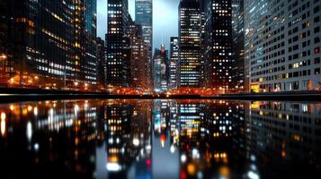 City lights reflected in water at night photo