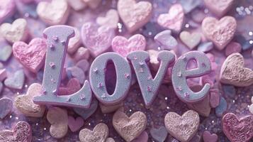 A decorative love sign sits prominently among an assortment of colorful heart-shaped candies. The scene sparkles with soft pastel hues and a festive atmosphere photo