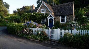 A small cottage with a white picket fence and flowers photo