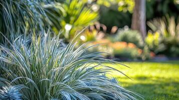 A grassy area with blue grass and shrubs photo