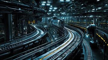 A modern industrial warehouse features automated machinery and conveyor systems, efficiently moving materials under bright artificial lighting at night, highlighting advanced technology photo