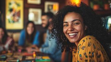 A woman smiles while sitting at a table with other people photo