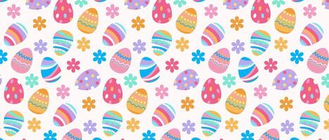 Background with various colorful Easter eggs and flowers. Seamless Easter pattern. vector