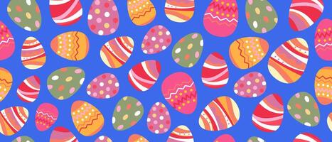 Blue background with various colorful Easter eggs. Seamless Easter pattern. vector