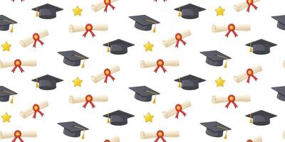 Graduation pattern. Seamless pattern with black graduation caps, diplomas, gold stars, and red ribbons on a white background. For greeting card, textiles, wallpaper, wrapping paper. vector