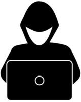 Anonomous hacker character using a computer, personal information being stolen, Criminal stealing private details vector