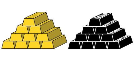 Stack of gold bars, precious metal bars in colour and black silhouette isolated on a white background vector