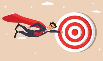 Business man on target to succeed, Success in the workplace concept, superhero character with a cape on course to hit the bullseye on the target vector