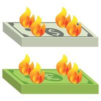 Burning money, representation of spending too much on things that are not necessary, dollars and pounds versions vector