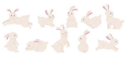 Cute set with hares and rabbits in flat simple style. Gray hares animals set in different positions and scenes, running, sleeping, cute standing. Beautiful animals for farm, Easter vector