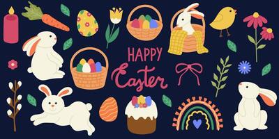 Big set for easter celebration with cute bunnies, eggs and plants, basket and nature motif. Modern collection with different elements illustration vector