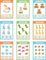 Cards with how many objects task. Counting educational children game. Math activity sheet for kids. Count toys and choose the correct answer. vector