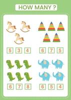 How many counting game with toys. Count toys and find the correct answer in the box. Taskt for preschool kids. Printable worksheet. vector