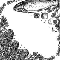 A frame with trout, whole fish and sliced, with lemon and vegetables. Hand-drawn illustration. Black and white image. On a white background. For menus, recipes, packages, labels, invitations. vector