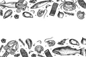 Seafood frame trout, mackerel and squid, crayfish, crabs and shrimps, mussels and marine elements. graphic illustrations made by hand. Black and white images of banners, invitations, flyers. vector