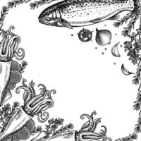 A frame with seafood, squid, trout, lemon, herbs and vegetables. Hand-drawn illustration. Black and white image of delicacies. On a white background. For menus, recipe books, packages, labels. vector