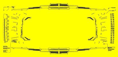 Futuristic interface design features a bright yellow background with intricate black patterns and data elements for digital displays. vector