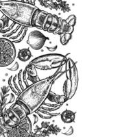 Lobster frame with lemon, herbs and vegetables. Hand-drawn illustration. Black and white image of seafood. On a white background. Suitable for menus, recipe books, packages, labels. vector