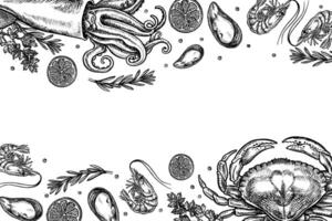 Seafood frame, squid, mussels and shrimps with lemon and herbs, crab. Handmade illustration. Black and white image of delicacies. Perfect for menus, recipe books, packages, labels, invitations. vector