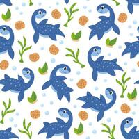 Cartoon children's pattern with underwater dinosaurs, shells and seaweed. Seamless pattern. vector