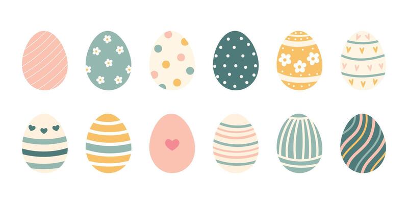 Set of Easter eggs with decorative patterns. Cute designs featuring florals, dots, stripes, and abstract elements. Perfect for spring, holiday decor, invitations, festive designs. illustration.