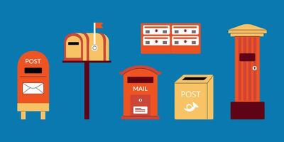 Mailboxes set. Postal mailing letterbox hanged on wall or pillar for delivery mailed letter. illustration in hand drawn style. Delivery, message, communication concept. Blue background. vector