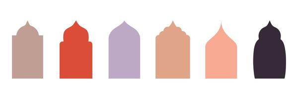 Islamic windows and arches with mosque domes and lanterns in an oriental modern style. Traditional Arabic and Persian architecture elements in warm tones. Ideal for Ramadan, Eid Mubarak vector