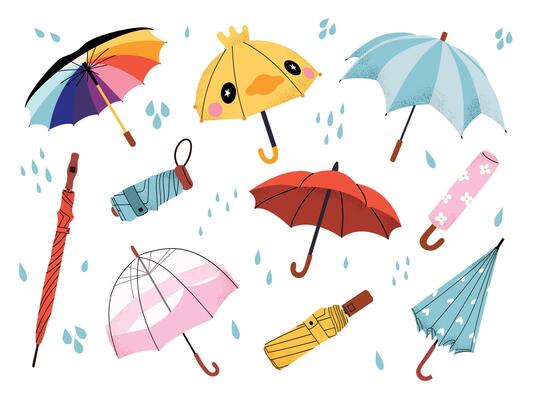 Cute spring umbrella collection with raindrops. Colorful umbrellas, rainy weather, seasonal spring decor. Flat illustration isolated on white background.