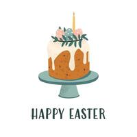 Easter cake with candle and decorated eggs. Happy Easter card design. Flat illustration isolated on white background. vector