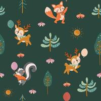 Cute woodland animals seamless pattern. Baby pattern for fabric. Deer, squirrel, fox, skunk, trees. Interesting print for fabric, children's room. Nursery pattern in flat cartoon style. vector
