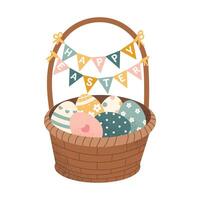 Happy Easter basket with colorful decorated eggs and festive bunting. Spring holiday card design. Flat illustration isolated on white background. vector