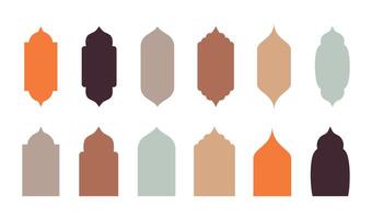 Set of modern Islamic windows and arches with mosque domes, doors, and lanterns. Elegant Arabic and Persian ornamental elements, perfect for Ramadan, Eid Mubarak, and Islamic design projects. vector