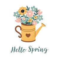 Spring greeting card with watering can full of colorful flowers. Hello Spring postcard design. Flat illustration isolated on white background. vector