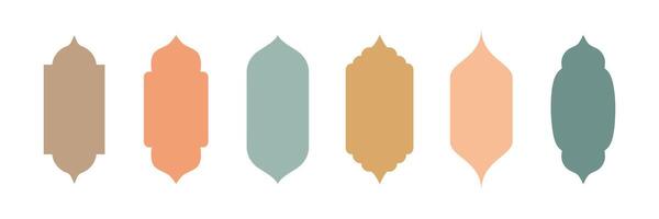 Set of elegant Islamic window and arch shapes in oriental style. Traditional Arabic, Persian, and Moroccan elements with mosque domes, doors, and lanterns. Perfect for Ramadan Mubarak vector