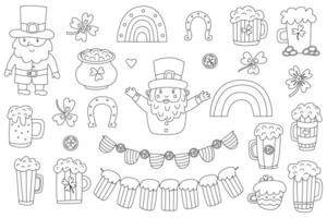 Hand drawn doodle set of St. Patricks Day elements with black outline. Includes leprechauns, beer mugs, rainbows, shamrocks, gold coins, and garlands. Perfect for coloring pages. vector