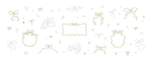 Set of golden and silver whimsical bows. Coquettish ribbon wavy frames and borders. Happy New Year and Merry Christmas background with glitter, confetti, stars, firework, bling, firecracker vector
