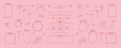 Set of coquette girly bow ribbon frames, dividers, separators, corner borders, tied bows. Cute line doodle sketch illustration. Aesthetic trendy minimalist design elements. Filigree drawing vector