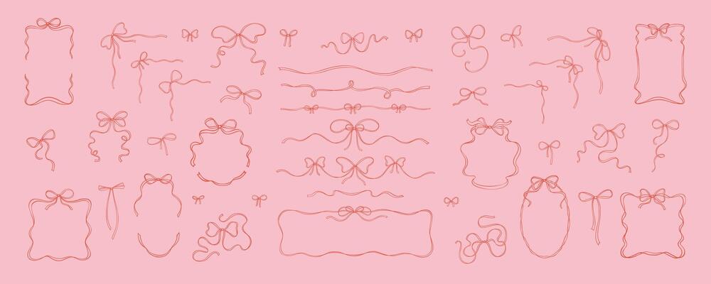 Set of coquette girly bow ribbon frames, dividers, separators, corner borders, tied bows. Cute line doodle sketch illustration. Aesthetic trendy minimalist design elements. Filigree drawing
