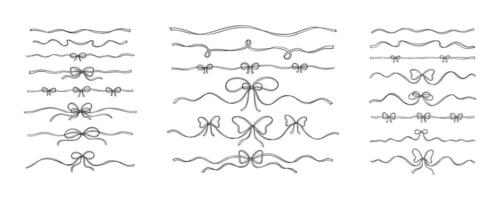 Set of bow ribbon set dividers, text separators, whimsical wavy borders. Hand drawn cute line doodle hand drawn elements. Vintage victorian filigree design elements. Wedding, bachelorette invitation vector
