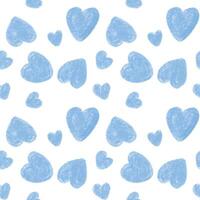 seamless pattern blue heart shapes on white background with hand drawn pencil chalk crayon style. Design for baby and kid decoration, wallpaper, card, wrapping paper, fabric, and print vector