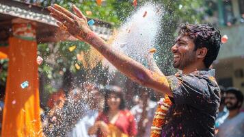 A man throwing colored powder in the air photo