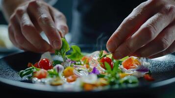 A chef is preparing a salad on a plate photo