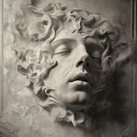 A sculpture of a man's face with smoke coming out of it photo