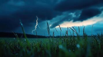 A dark stormy sky with lightning and grass photo