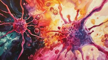 Brightly colored cells and microorganisms interact in an abstract artwork. The vibrant hues of orange, purple, and pink depict a dynamic biological process, showcasing activity at a microscopic level photo