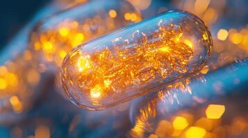 Glowing capsules are displayed prominently against a softly blurred background, showcasing vibrant golden lights and intricate internal structures photo