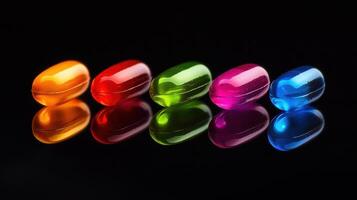 A row of colorful pills on a black surface photo