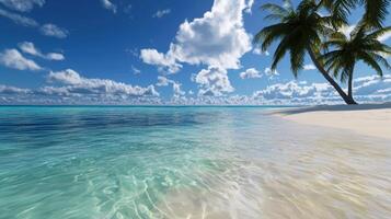 Calm turquoise waters gently lap at a soft sandy shore, bordered by swaying palm trees and a vibrant blue sky filled with fluffy clouds, creating a peaceful tropical paradise photo