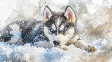 Siberian husky puppy in the snow photo